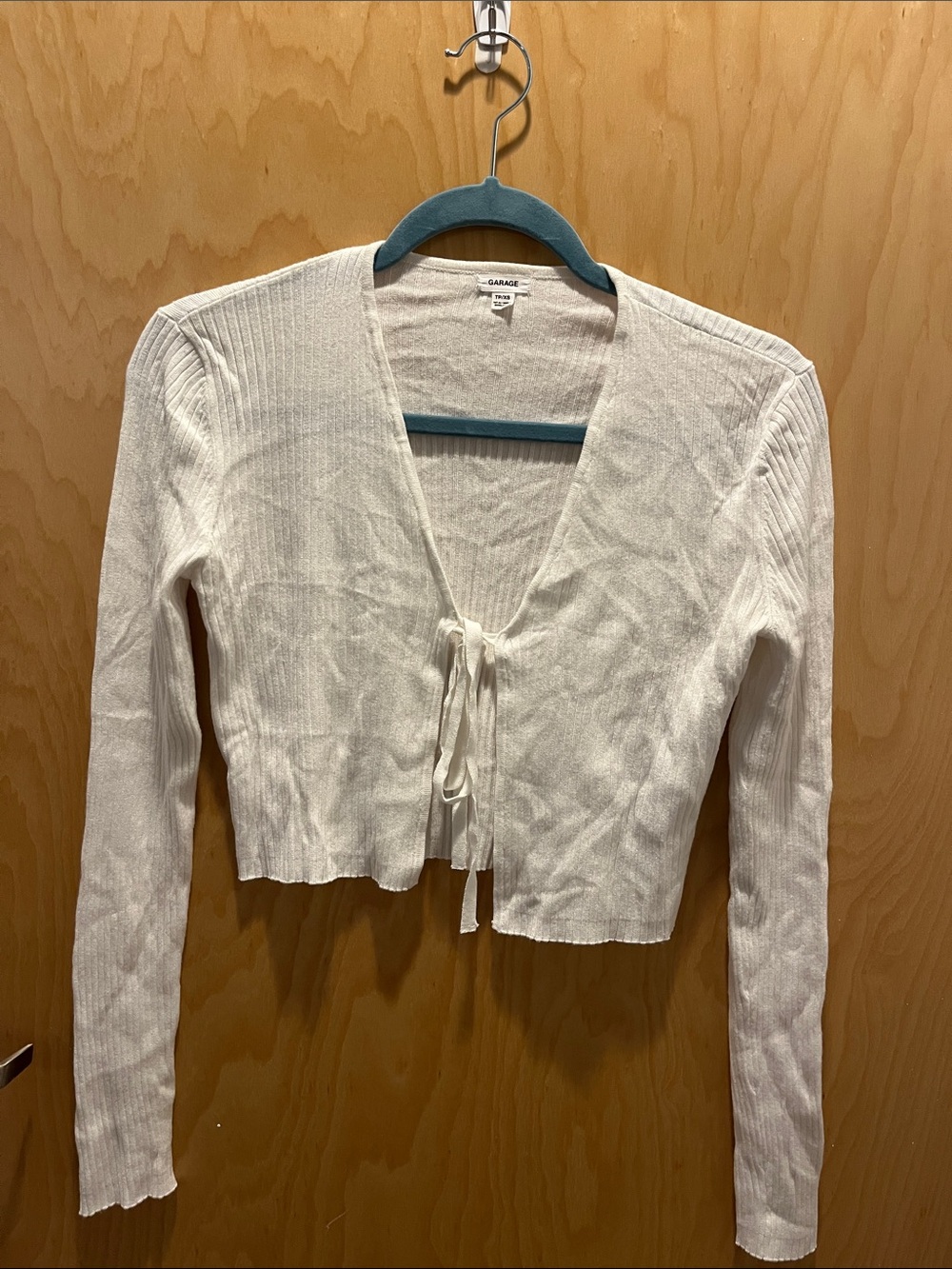 Garage Cream Tie-Front Ribbed Cropped Cardigan